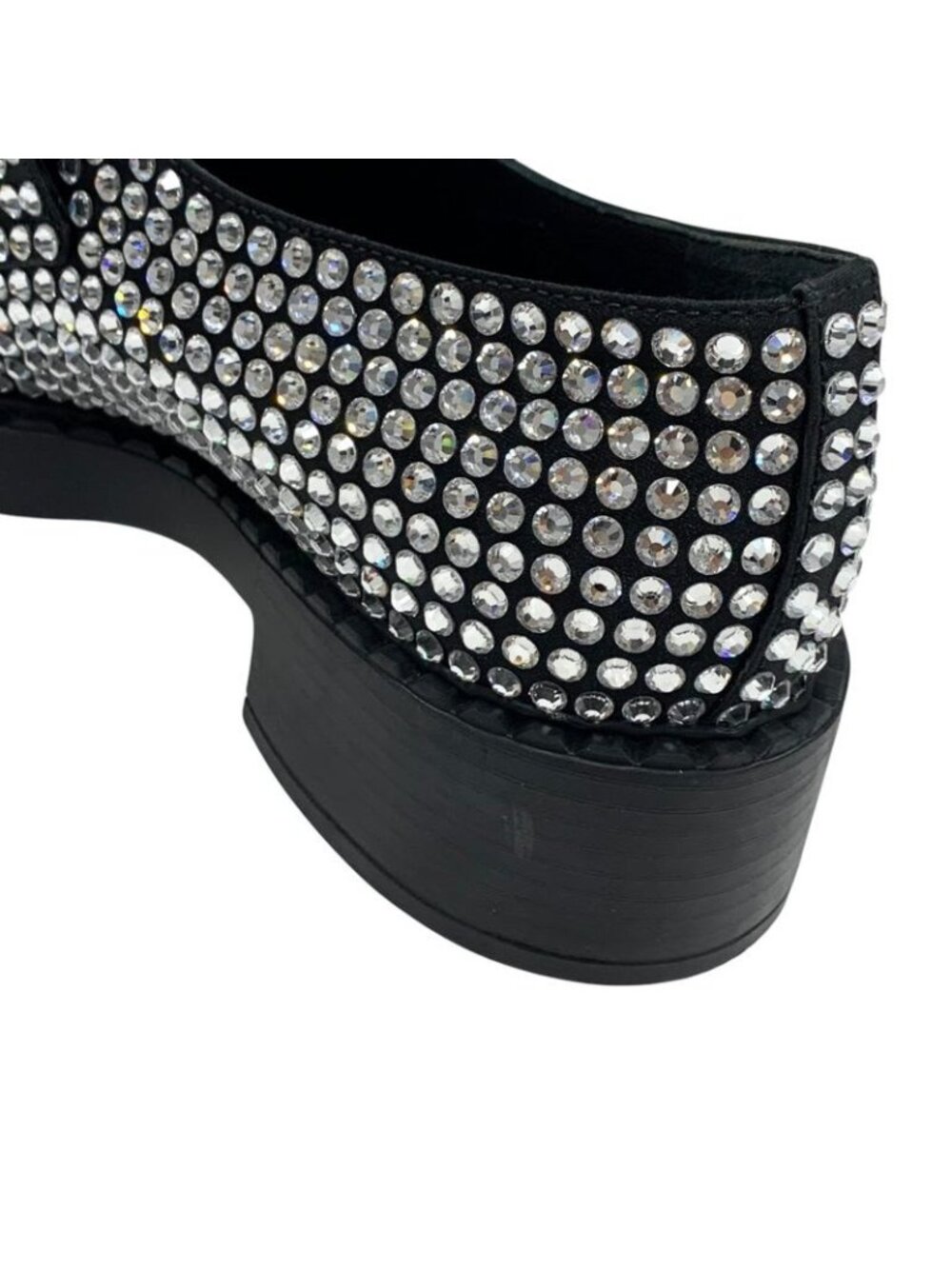 Prada Loafers Leather Shoes Satin Black Crystal Rhinestone Logo Plate - Picture 11 of 11